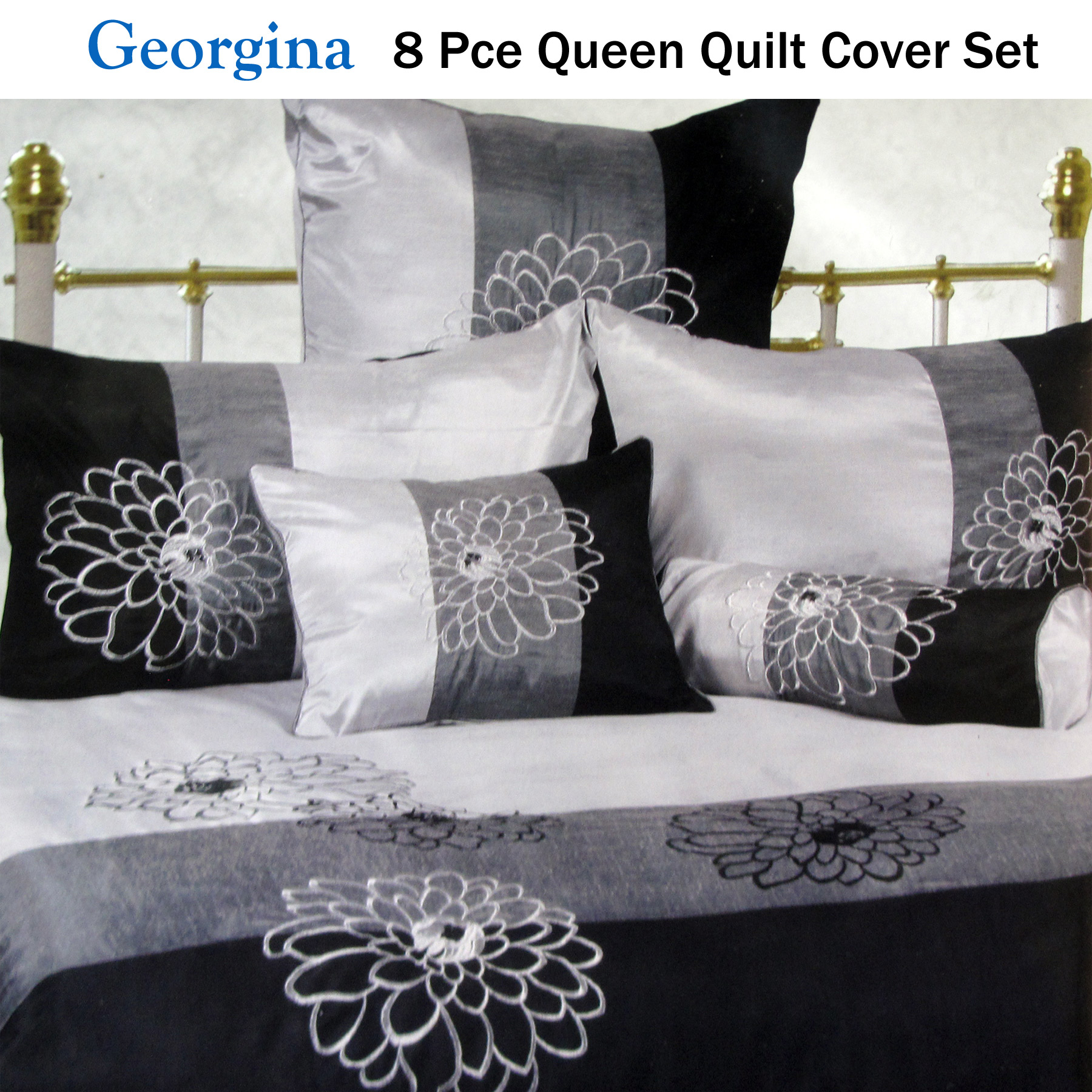 8 Pce Georgina Silver Grey Quilt Cover Set Eurocases Cushion