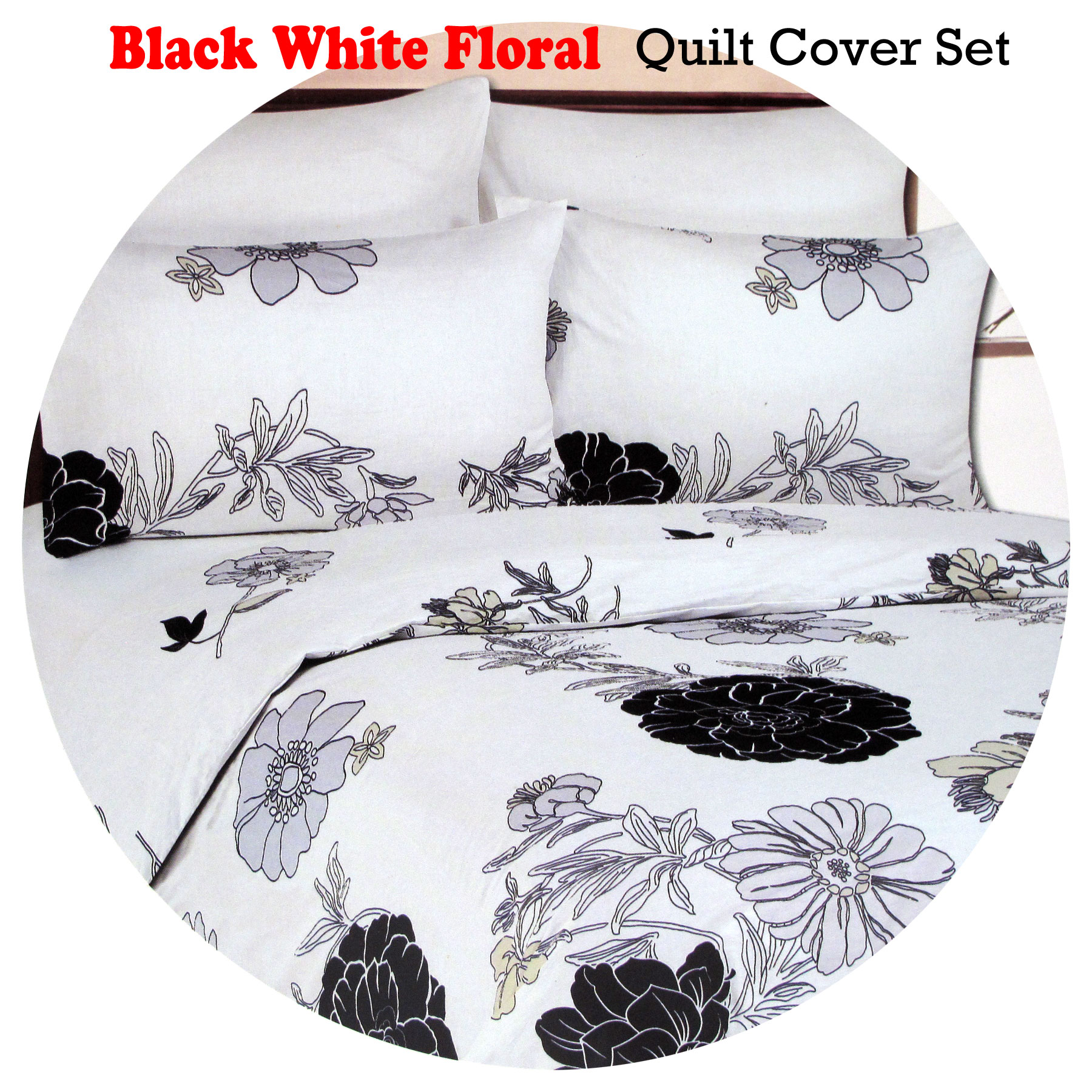 3 Pce Print Black White Floral Quilt Cover Set Double Queen Ebay