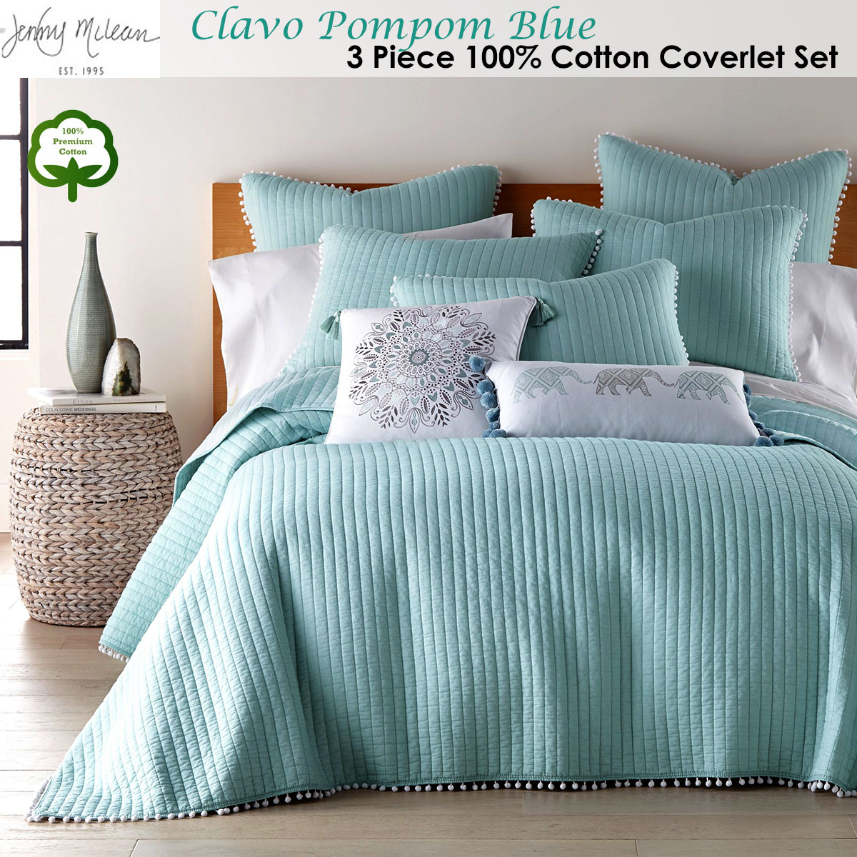 Jenny Mclean Clavo Pompom Blue 3 Piece 100% Cotton Coverlet Set