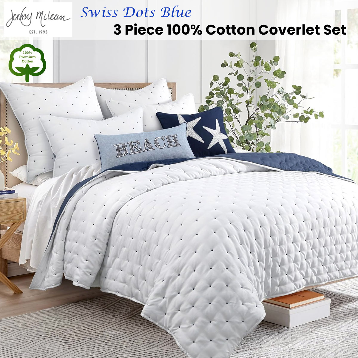 Jenny Mclean Swiss Dots Blue 3 Piece 100% Cotton Embroidered Reversible Coverlet Set