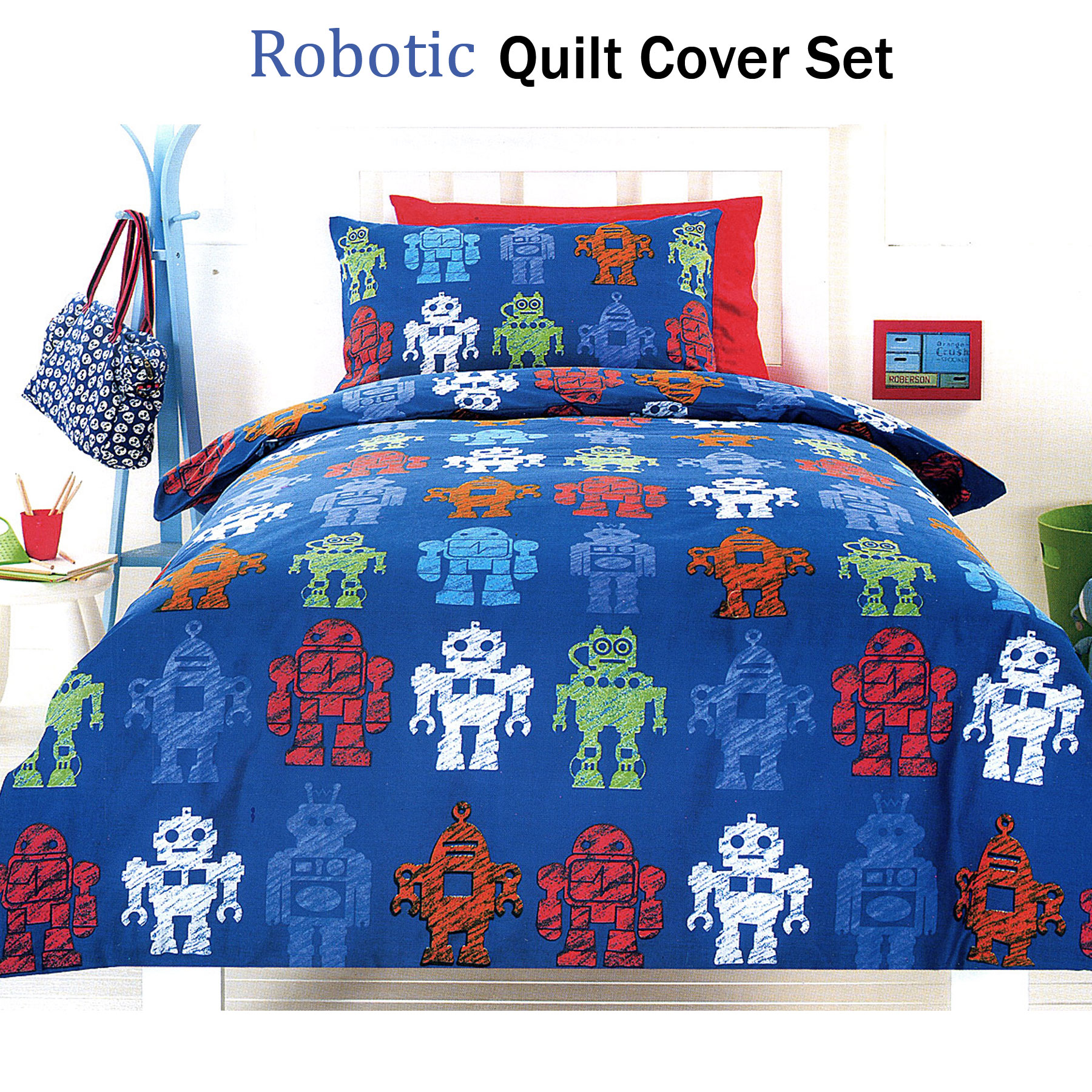 2 Pce Robotic Blue Boys Children Kids Quilt Cover Set Single Ebay