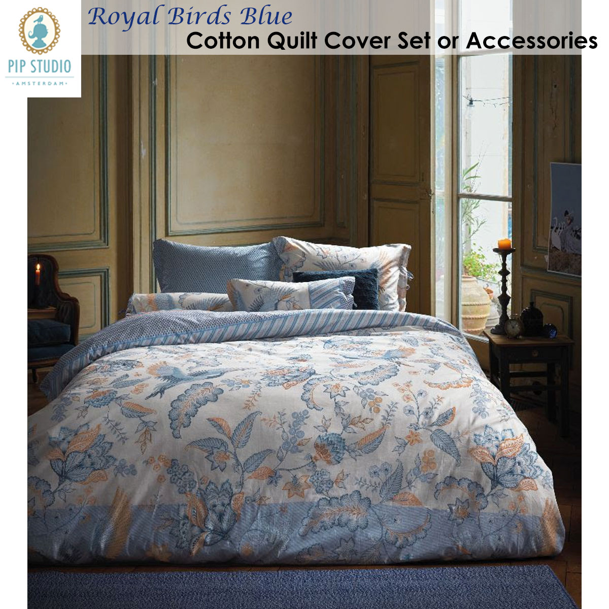 Royal Birds Blue 100% Cotton Quilt Cover Set or Accessories by PIP Studio