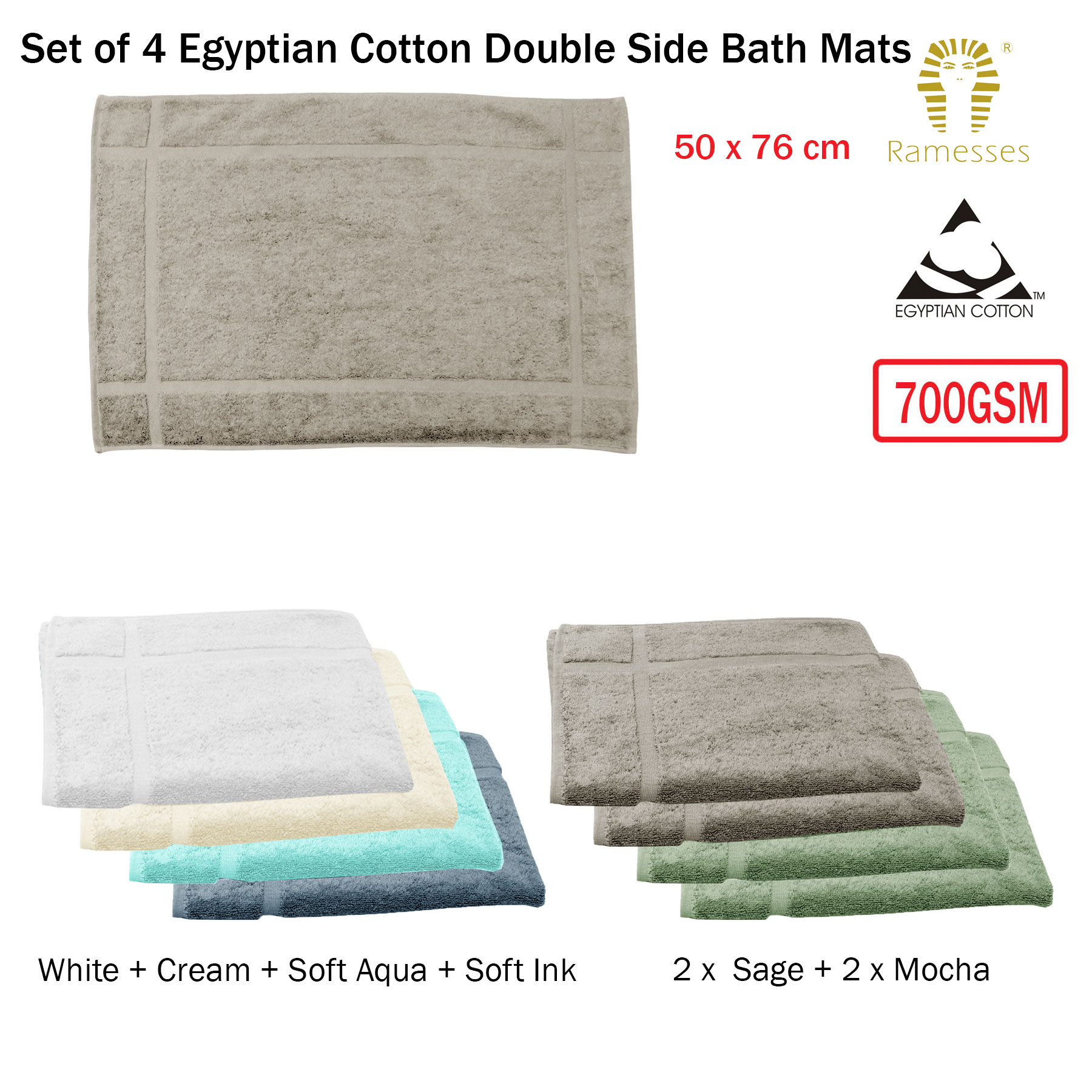 Set of 3 Egyptian Cotton Double Side Bath Mats 50 x 76 cm by Ramesses 