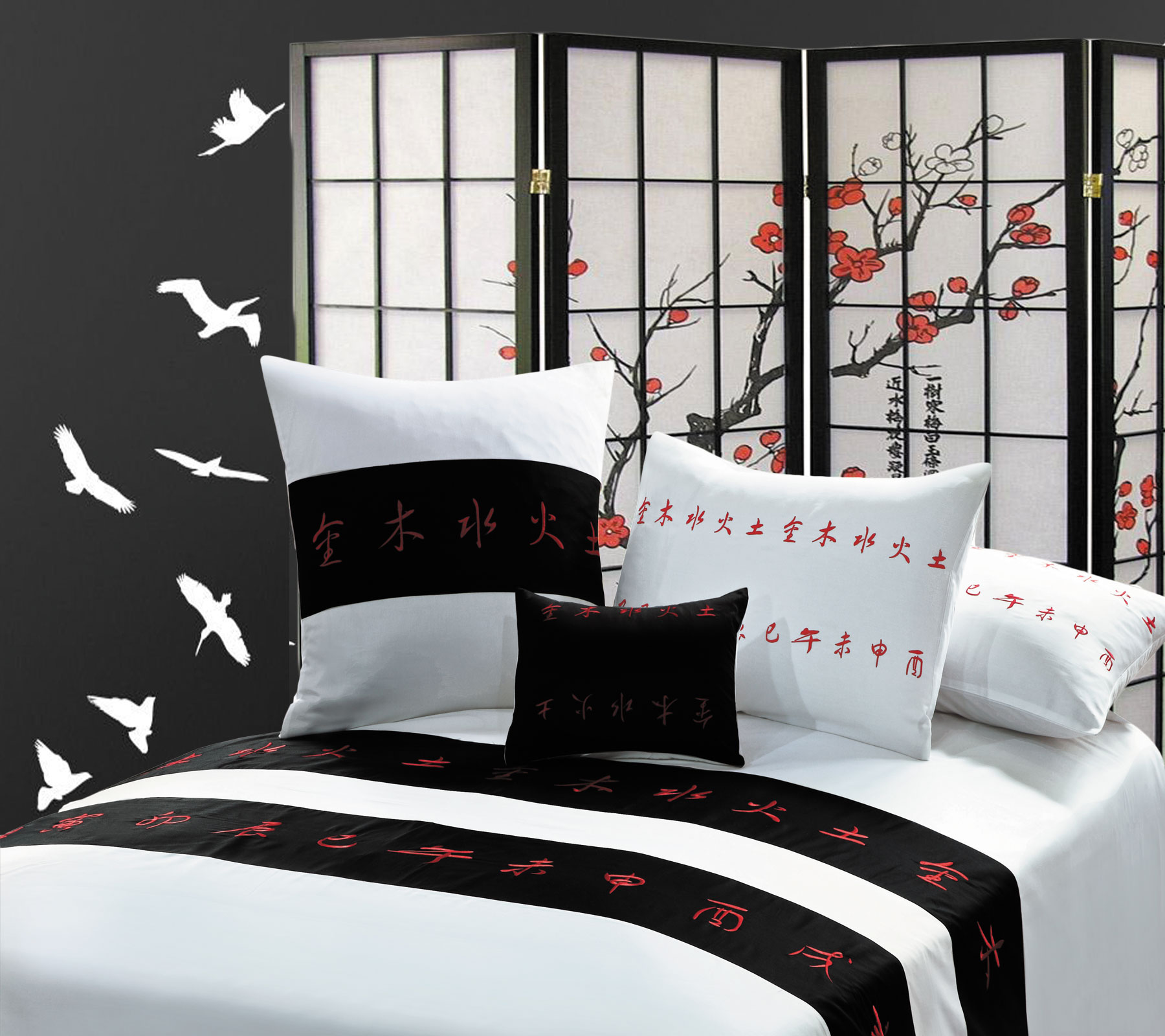 3 Pce Shanghai Oriental White Black Red Quilt Doona Duvet Cover