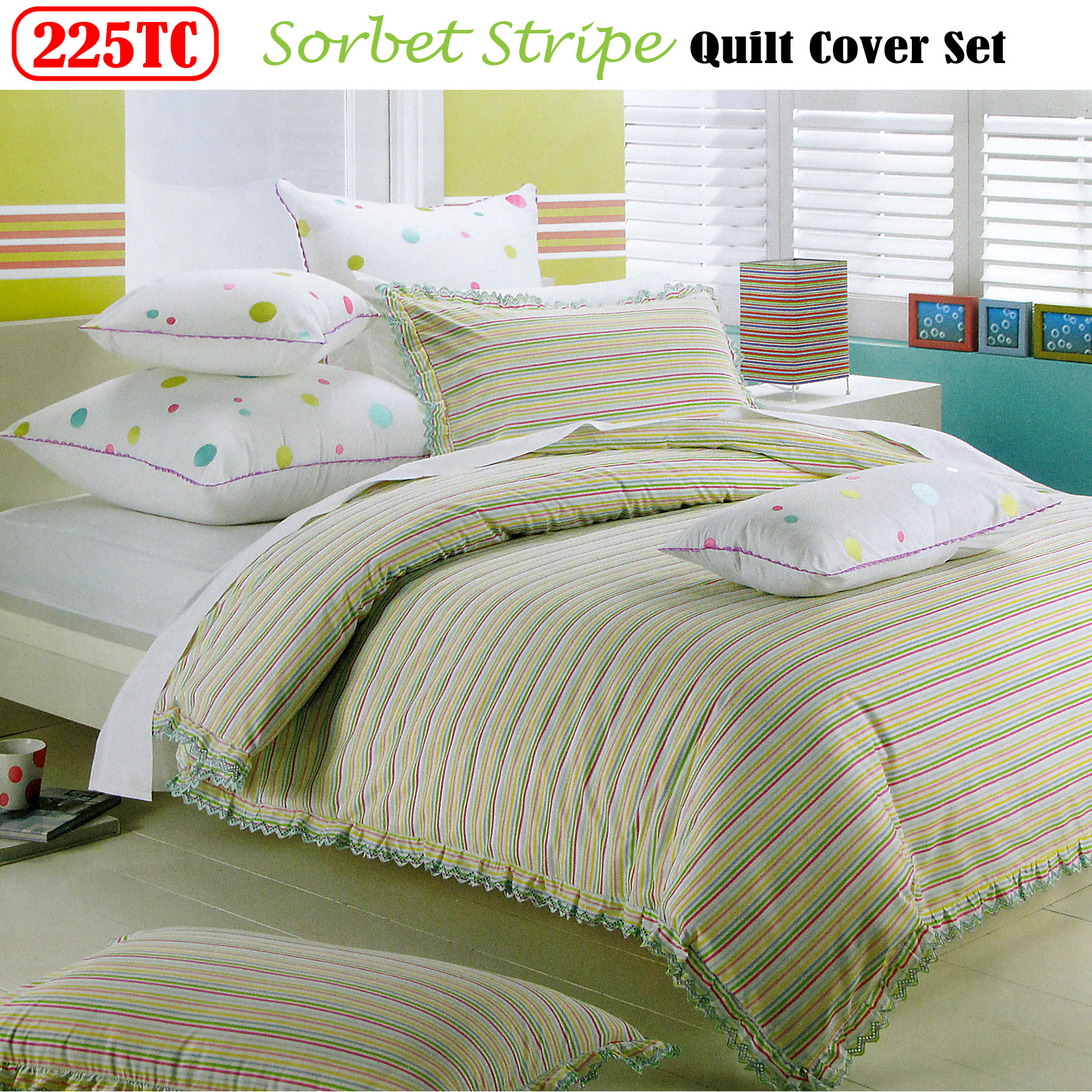 3 Pce Sorbet Stripe Embroidered Lace Quilt Cover Set King Ebay