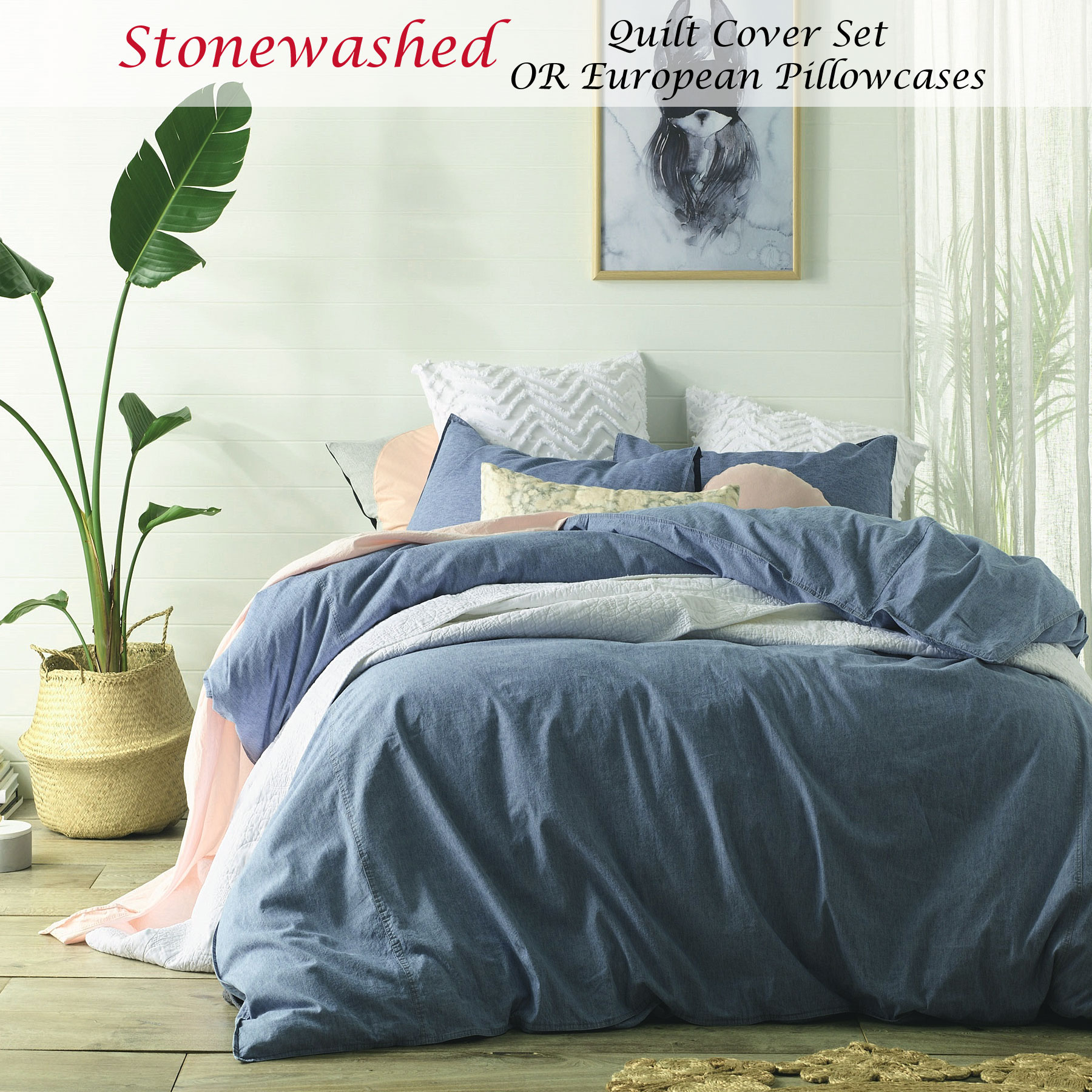 Stonewashed Denim Vintage Linen Cotton Quilt Cover Set Queen