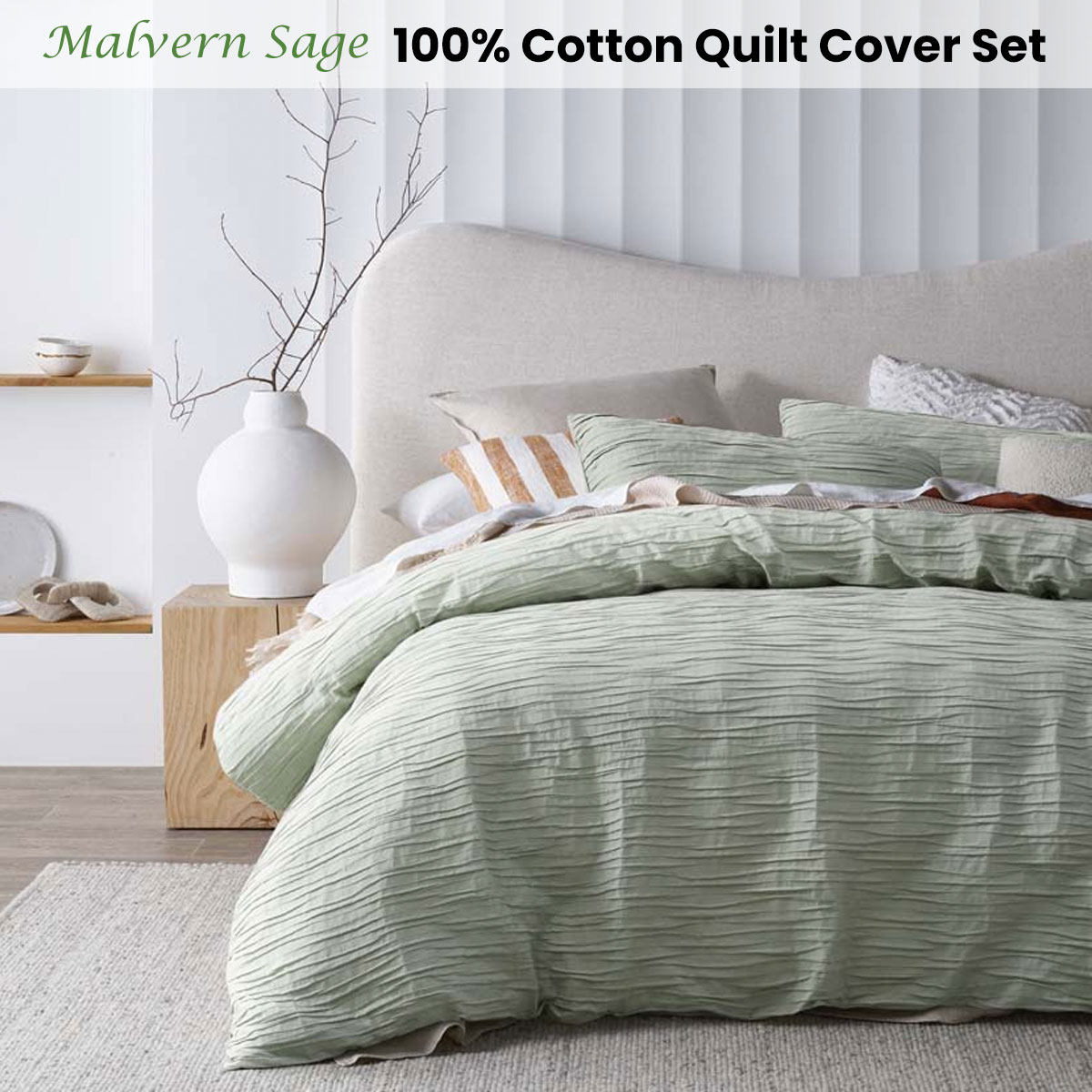 Malvern Sage Cotton Quilt Cover Set or European Pillowcases by Vintage Design Homewares