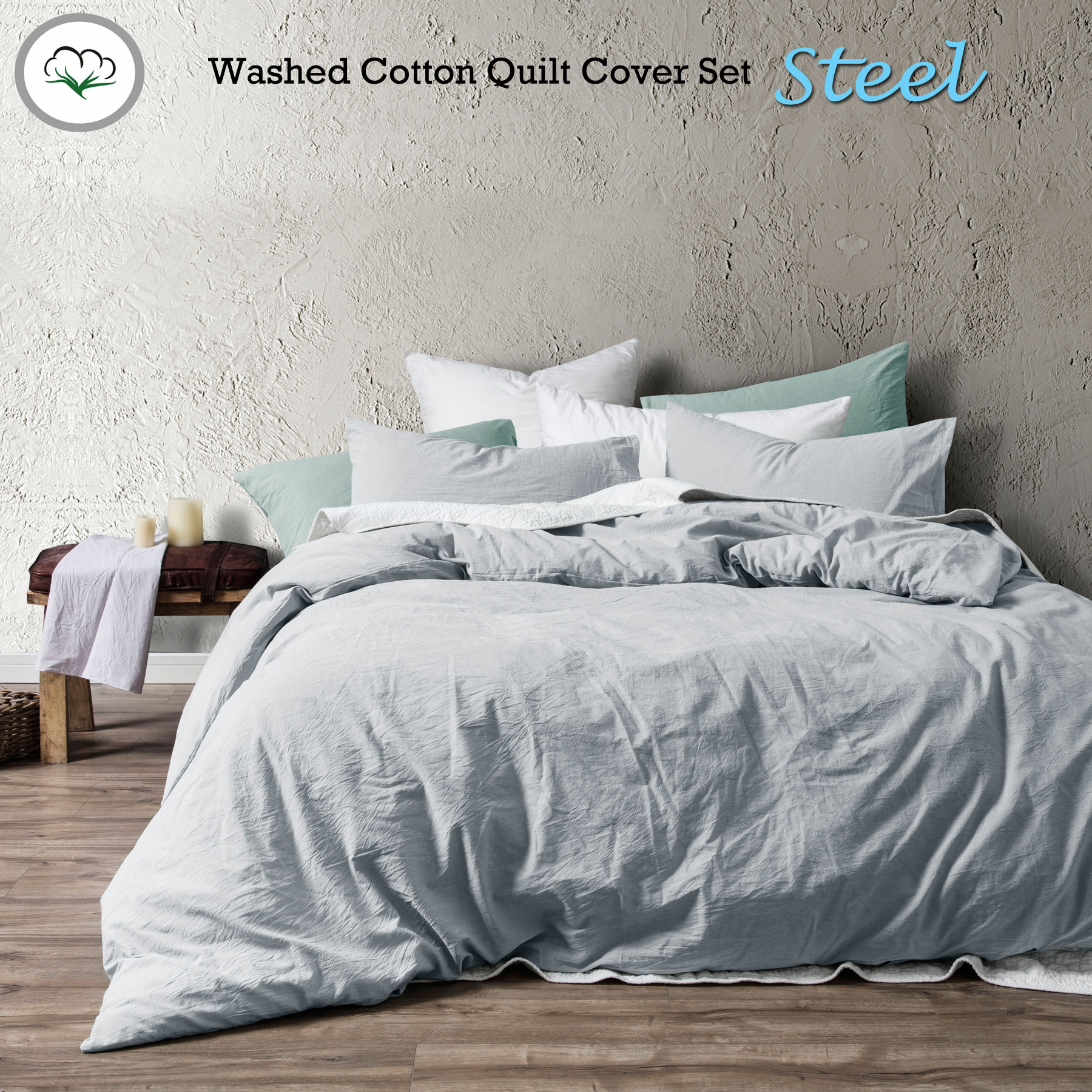 3 Pce Washed Cotton Quilt Duvet Cover Set Steel Blue By