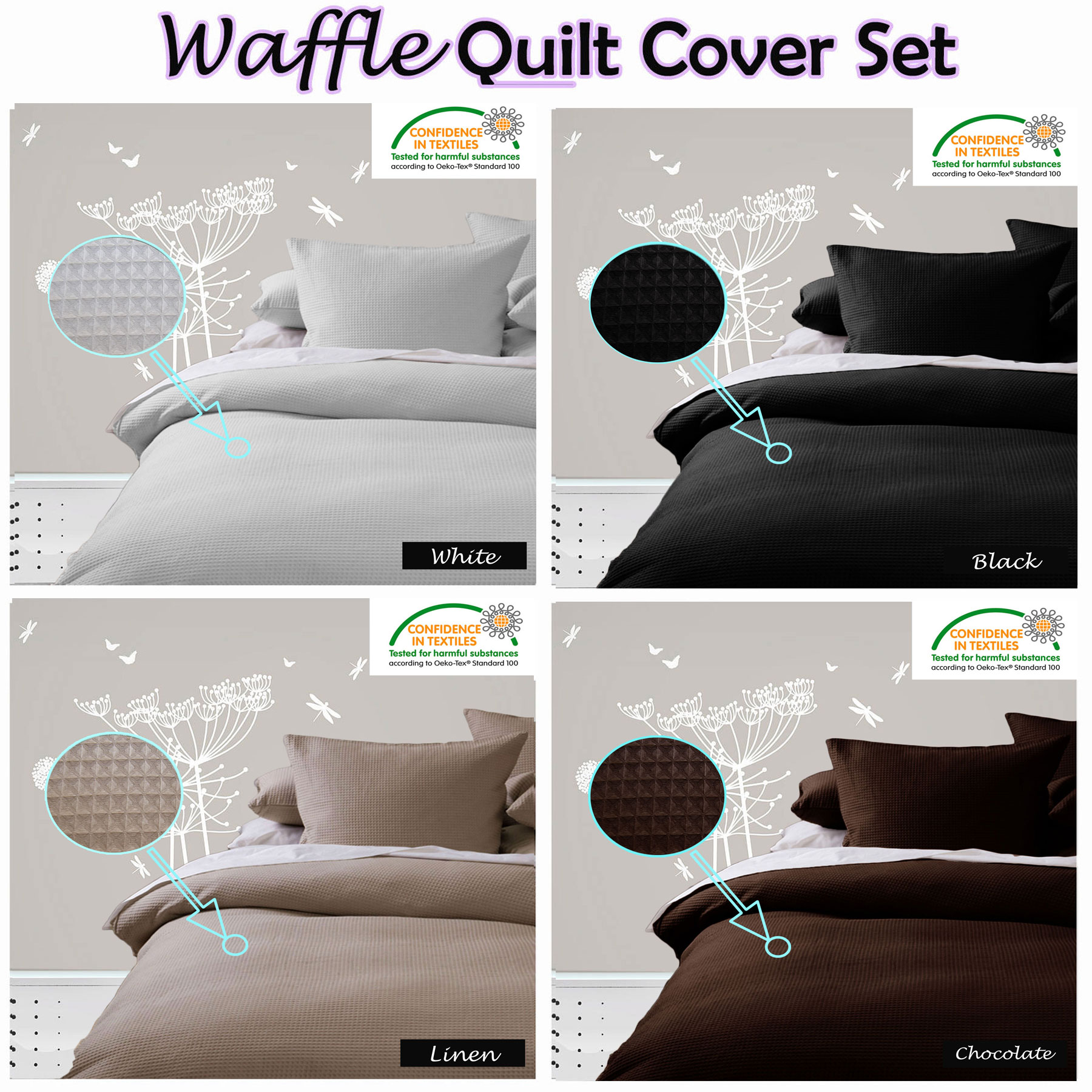 Waffle Quilt Cover Set Black White Linen Chocolate Single
