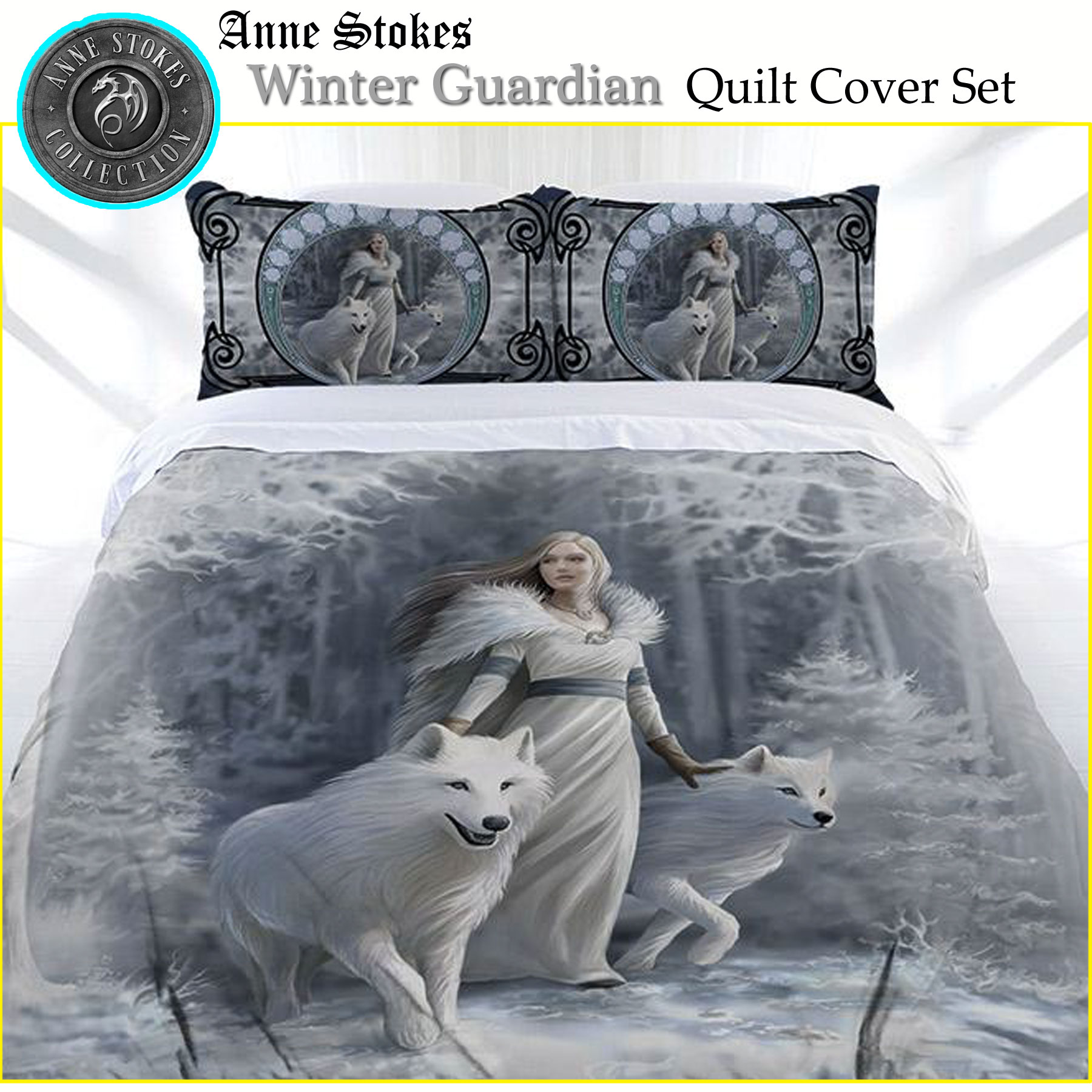 3 Pce Winter Guardian Wolf Gothic Quilt Cover Set Anne Stokes DOUBLE QUEEN KING